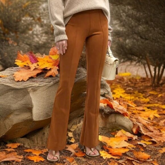 SPANX Faux Suede Pants M Flare Leg Pull On Stretch Camel Color Bohemian Hippie. - Picture 15 of 16